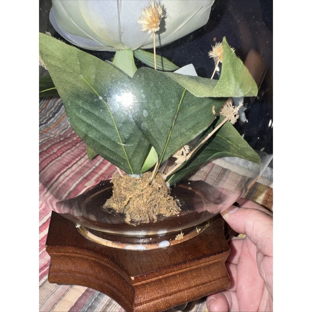 MCM Floral Plastic Globe Dome On Wood Base Retro GrannyCore Cottagecore